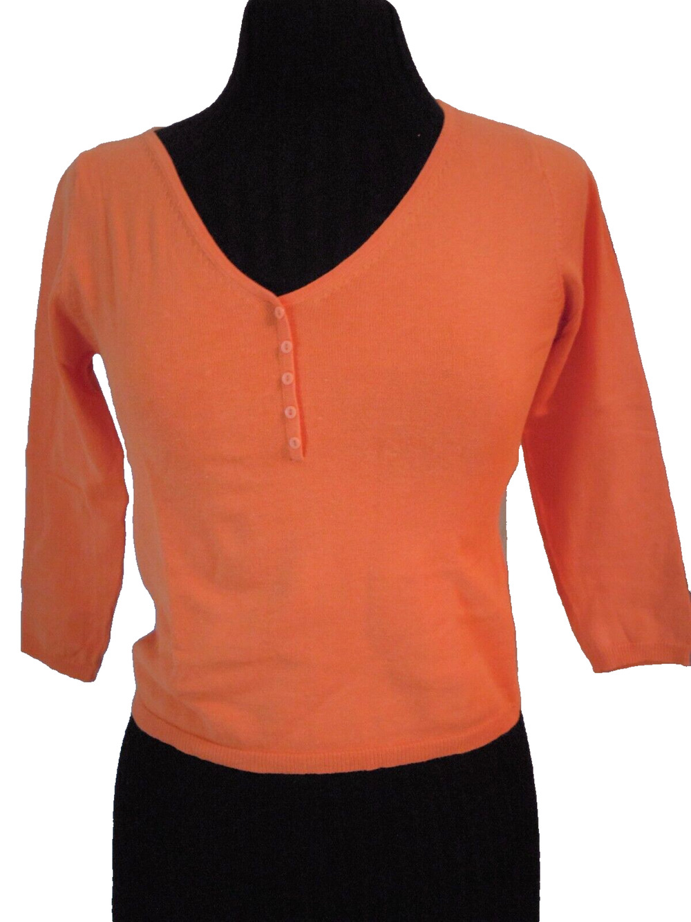 Vtg New ZARA V Neck Sweater Knit Top Cropped 3/4 Sleeve Slim Fit Orange M